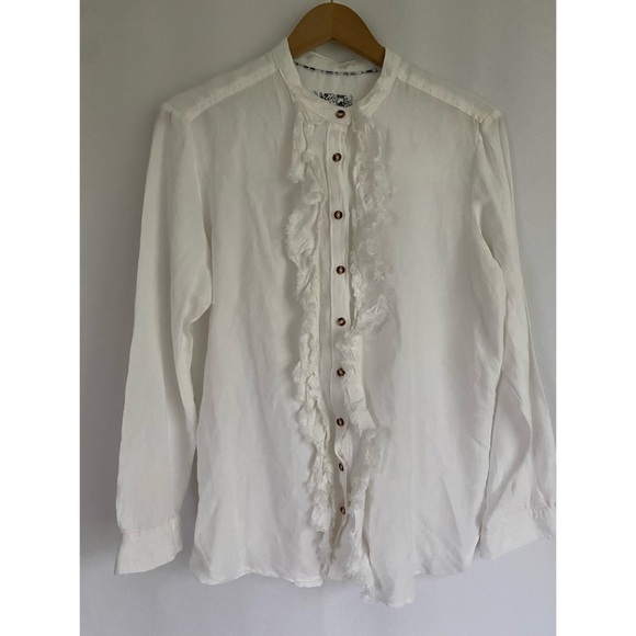 Pilcro Ruffled Button Down Top Shirt Women’s White Linen Blend Romantic - Picture 2 of 4